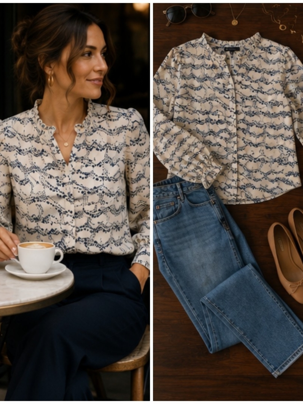 Adrianna Papell Cream Printed Ruffle Collar Blouse with Navy Motif